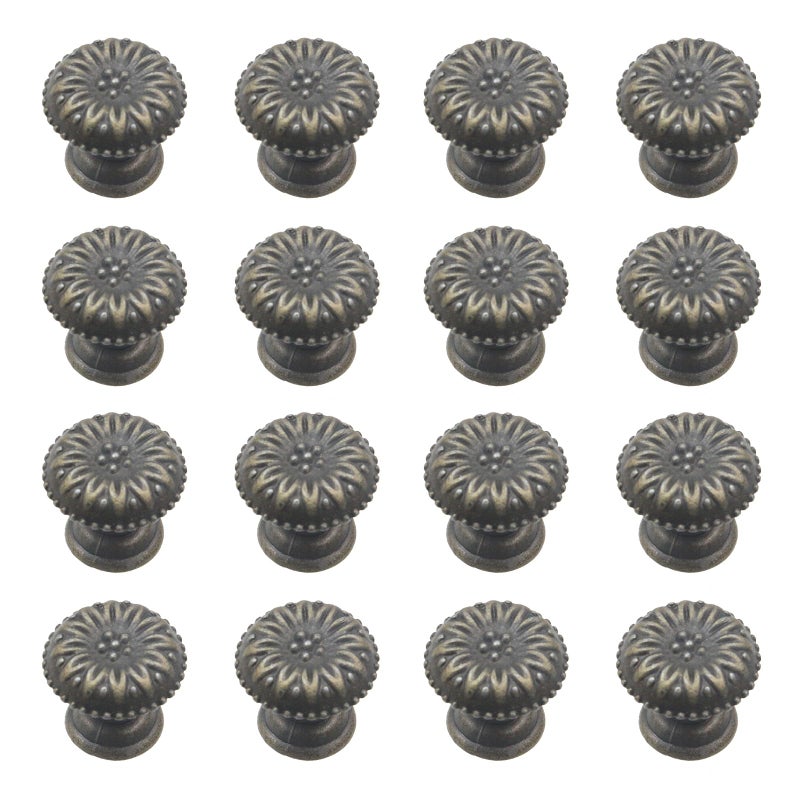 Geesatis 16 pcs Bronze Antique Knob Handles Flower Pattern Jewelry Box Drawer Cupboard Wardrobe Cabinet Pull Knobs Handles, with Mounting Screws, 0.7 x 0.6 inch, Mini Knobs - Image 1
